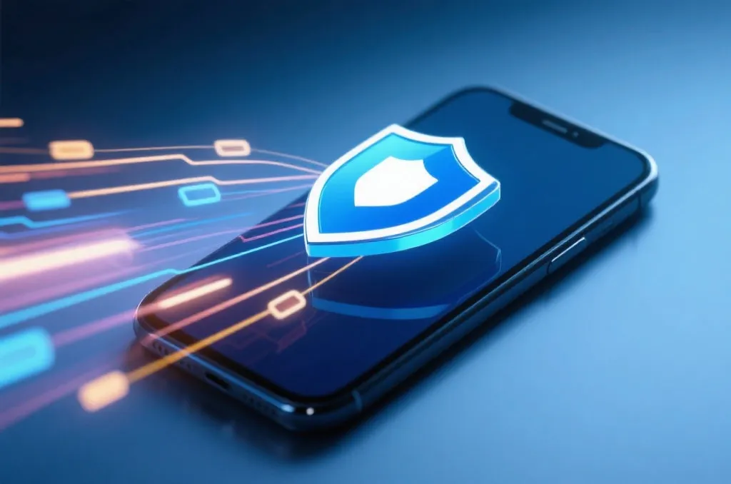 Conceptual illustration of high-speed data transfer and security shield on mobile screen