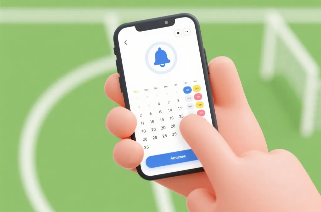 A hand holding a smartphone showing a sports schedule with a prominent notification bell icon clicked, clean vector-style user interface