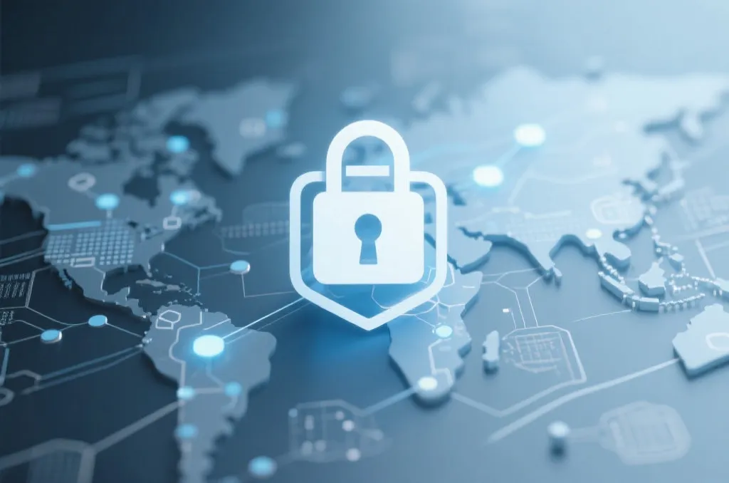 Digital security locks and abstract node connection network representing app download safety